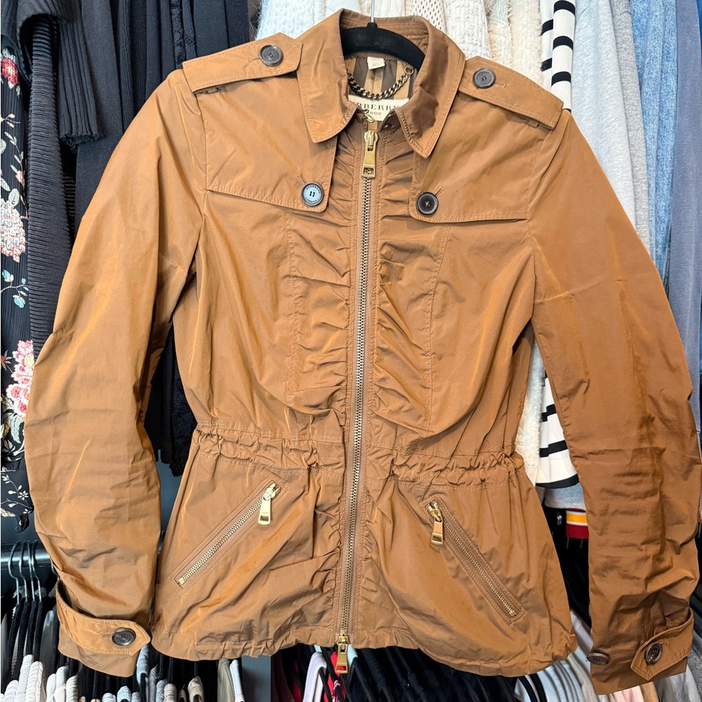 Women’s Burberry Plaid Lined Utility Jacket Tan Zip Coat Women’s US 2 brass